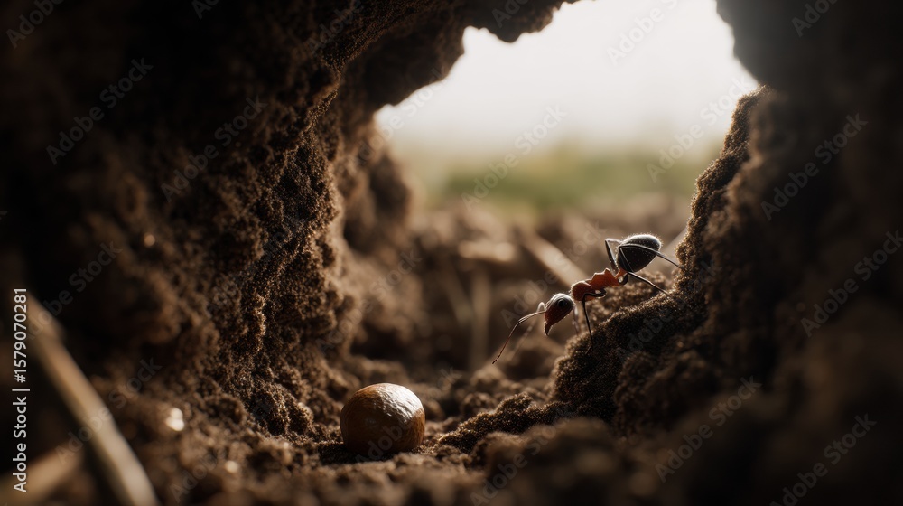 Poster close up view of ants inside nest, showcasing intricate details of soil and ants activity. scene cap