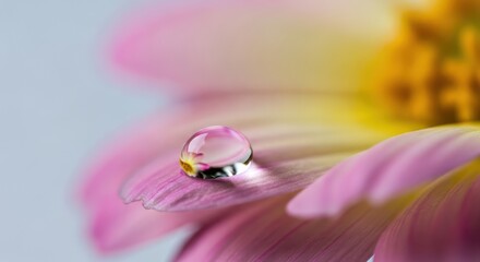 Close-up of a delicate dewdrop resting on a pink flower petal, showcasing intricate details and soft colors.