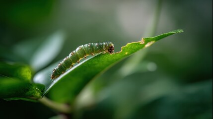 Detailed macro shot of green caterpillar on leaf, showcasing its intricate features and natural environment. image captures beauty of nature and life cycle of insects