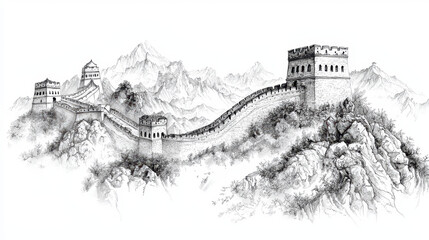 Obraz premium Great Wall of China is stunning architectural marvel, depicted in majestic ink drawing that captures its grandeur and historical significance