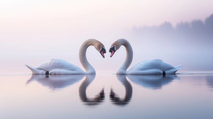 On a serene, foggy lake, two graceful swans mirror one another and form a heart shape with their necks.

