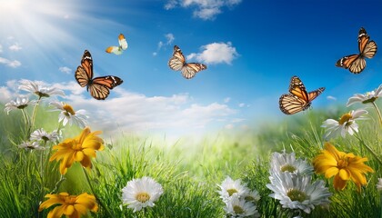 floral summer or spring landscape meadow with flowers blue sky and butterflies