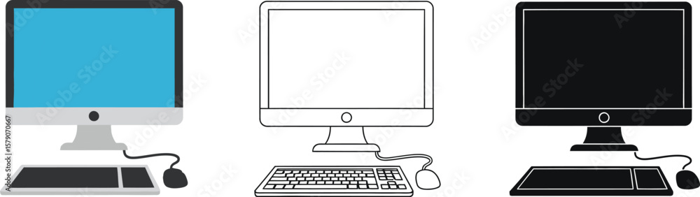 Poster computer vector illustration set desktop pc keyboard mouse icon graphic design technology workstatio