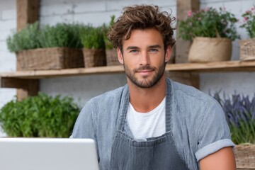 Handsome Man Small Business Owner Working on Laptop in Flower Shop A Portrait of a Smiling Male Florist