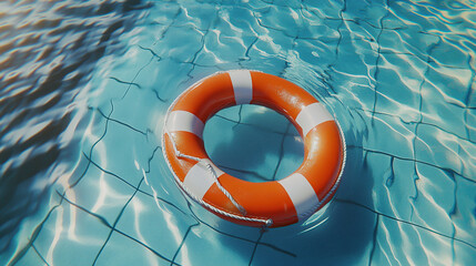 Orange and white life preserver floating in a blue swimming pool water safety and summer vacation concept