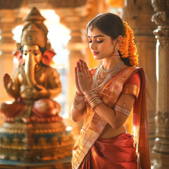 Young south indian woman praying to lord ganesh