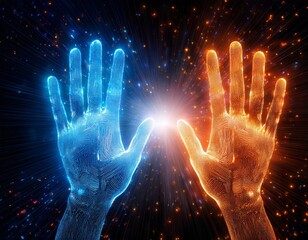 glowing digital hands with blue and orange particle effect offering futuristic technology and data visualization concept with dark background