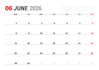 June 2026 Monthly Calendar Template streamlines business tasks with minimalist blank lines, perfect for planning sessions and workflow optimization in office settings, vector illustration