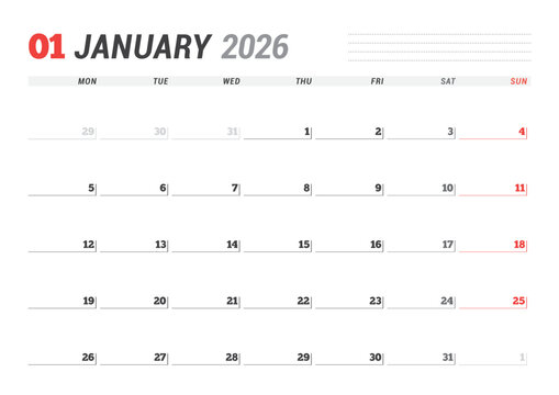 January 2026 Monthly Calendar Template enhances productivity with minimalist blank lines, ideal for office use and planning routines, boosts focus in business settings, vector illustration
