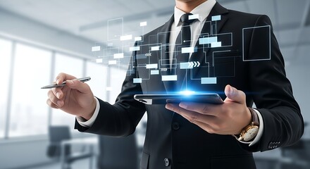 Serene executive in dark suit manipulates glowing data on a tablet gold watch gleaming an office landscape soft focus in