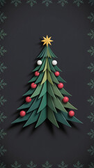 Minimalist papercraft Christmas tree with a star and ornaments on a dark background. A modern, handmade design for holiday greeting cards and festive crafts.