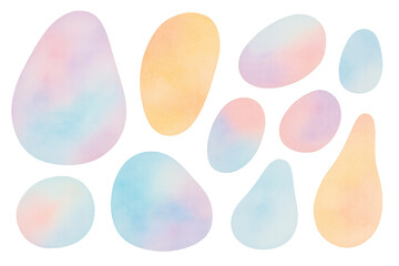 Pastel watercolor shapes forming soft, ethereal design elements, blending translucent colors against transparent background for creative graphic applications