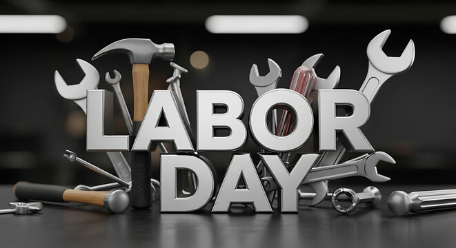 A clean, professional 3D render of "LABOR DAY" in bold metallic text, surrounded by realistic work tools on a dark workshop background with bokeh lights.