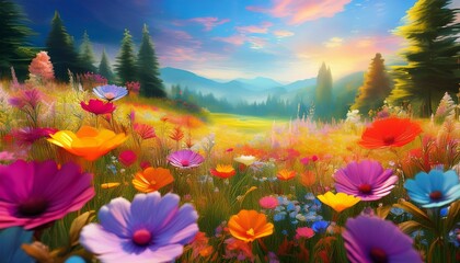 colorful flower meadow in spring generative ai