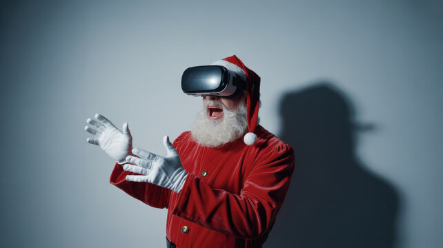 Modern Santa Claus wearing a VR headset, with a surprised expression while experiencing virtual reality. A funny, futuristic concept of technology meeting Christmas tradition.