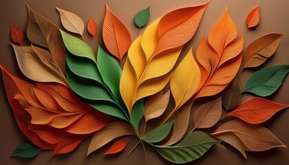 3D artistic design of colorful leaves in warm fall shades with overlapping layered effect, creating textured depth and visual harmony
