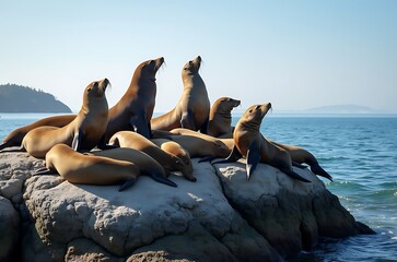 Fototapeta premium Seals Basking on Ocean Rocks Sunny Beach Habitat ai generated