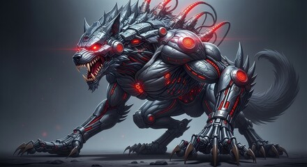 Fototapeta premium Fierce Cybernetic Wolf with Glowing Red Eyes and Mechanical Enhancements