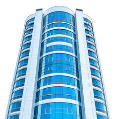 Modern office building with blue windows under clear sky in urban cityscape