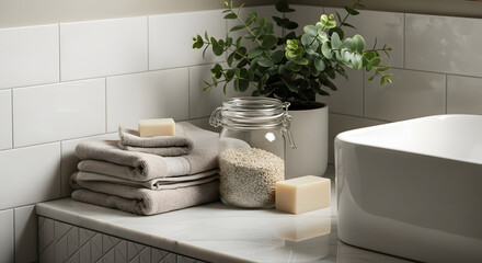 Sustainable Bathroom Corner with Neutral Towels and Eco Laundry Supplies