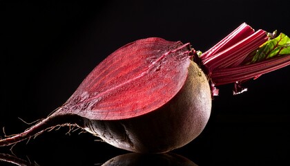 a closeup shot of a red beet and stalk against a black background