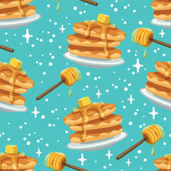 Seamless vector pattern of cute pancakes with syrup and honey dipper on a blue background. Perfect for fabric, packaging, wrapping paper, wallpaper and fashion prints or food-themed designs.