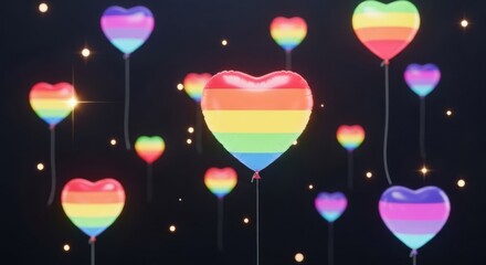 Vibrant Rainbow Heart Shaped Balloons Floating Against a Dark Background with Sparkling Lights