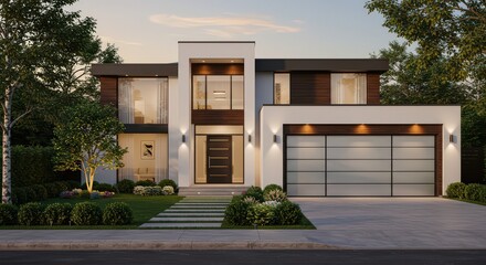 Exterior view of a modern two story house with garage and landscaped front yard at twilight time