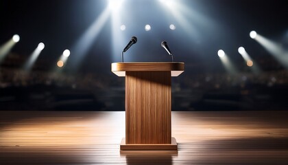 a sleek modern wooden podium with a built in microphone standing on a polished stage under bright lighting