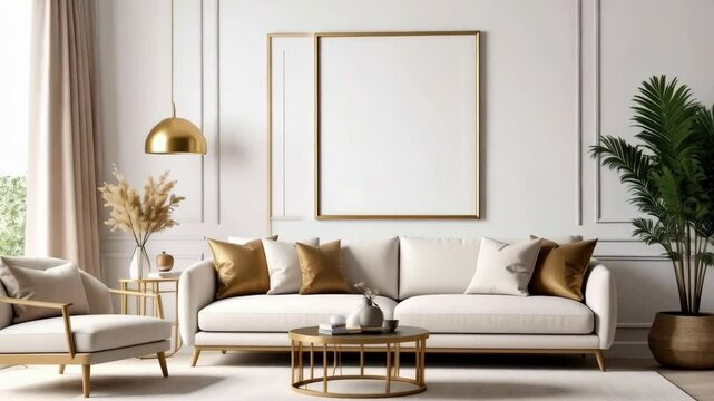 Modern living room featuring blank frame mockup above a bright couch and a green plant near the white wall