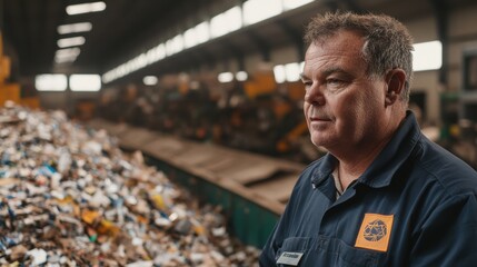 Fototapeta premium Thoughtful Worker in Recycling Facility Amidst Piles of Waste Materials