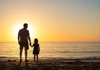 Father and Daughter Enjoying a Golden Sunset Beach Stroll. Generative Ai