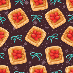 Seamless vector pattern of delicious strawberry danish pastries, blue bow and sparkles. Perfect for fabric, packaging, wrapping paper, wallpaper and fashion prints or food-themed designs.