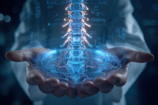 A transparent human spine model is suspended in the surgeon's hand, with augmented reality UI elements and neon blue embellishments, a futuristic sci-fi medical scene that innovates medical concepts.