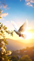 Obraz premium A white dove in flight, bathed in golden sunlight, over a blossoming tree and mountain range