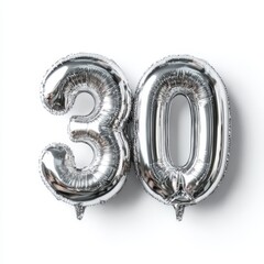 Silver Balloon Numbers Representing 30 Against A Clean White Background
