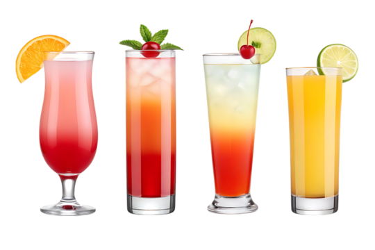 Four colorful layered cocktails with garnishes isolated on transparent background