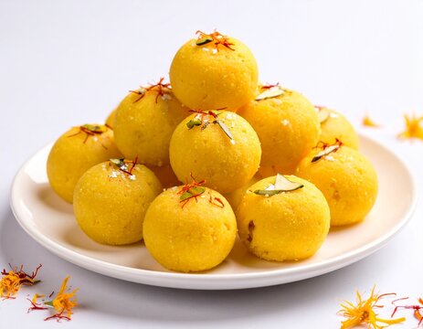 Kesar sandesh dome with saffron on icy white background &mdash; Bengali sweet with rich milk texture