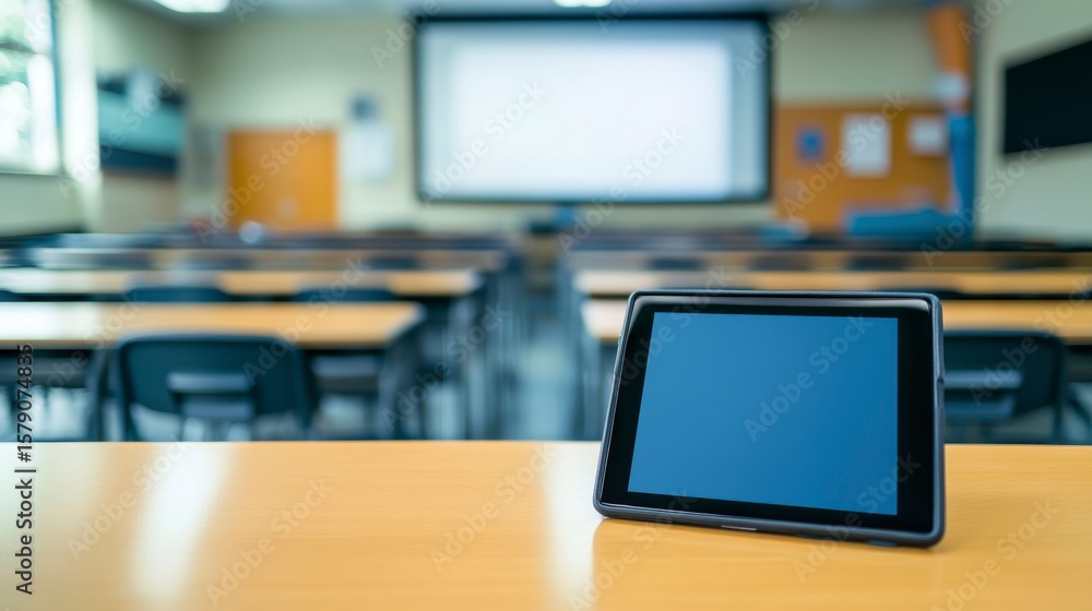 Poster tablet on desk in empty classroom with projector screen.