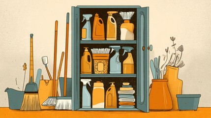 Colorful cleaning supplies cabinet