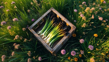 Calcot onion in wooden box on green grass