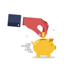 Hand mid-motion putting coin into piggy bank, dynamic and modern, flat vector artwork with motion lines, stylized shadows, and clean white background