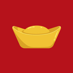Yuan bao gold ingot on red background with decorative pattern, flat vector illustration symbolizing prosperity in minimalist style