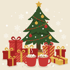 Gift boxes, decorated tree, snowflakes, and two mugs of hot chocolate, flat vector illustration with cozy festive palette of reds and golds, cheerful holiday scene