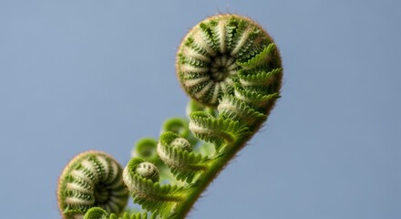 Close-up shot of a fern frond unfurling, showcasing intricate spiral details against a blue backdrop.