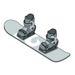Isometric vector illustration of a snowboard with mounted boots and detailed bindings, flat color style with subtle shadows on white background