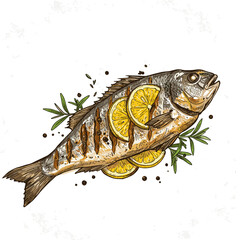 Grilled fish with lemon and herbs, hand-drawn rustic vector illustration in muted tones on white or kraft background