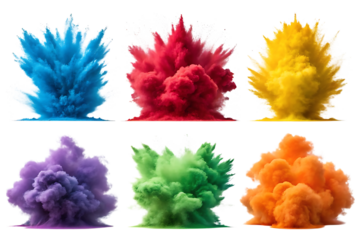 Six vibrant colorful powder explosions in a row isolated on transparent background