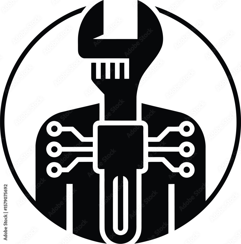 Poster humanoid robot with wrench and circuit board silhouette isolated on transparent background