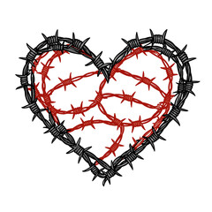 Barbed wire heart, tattoo-inspired vector art, bold black and red shading, high-contrast graphic style, rebellious and edgy design